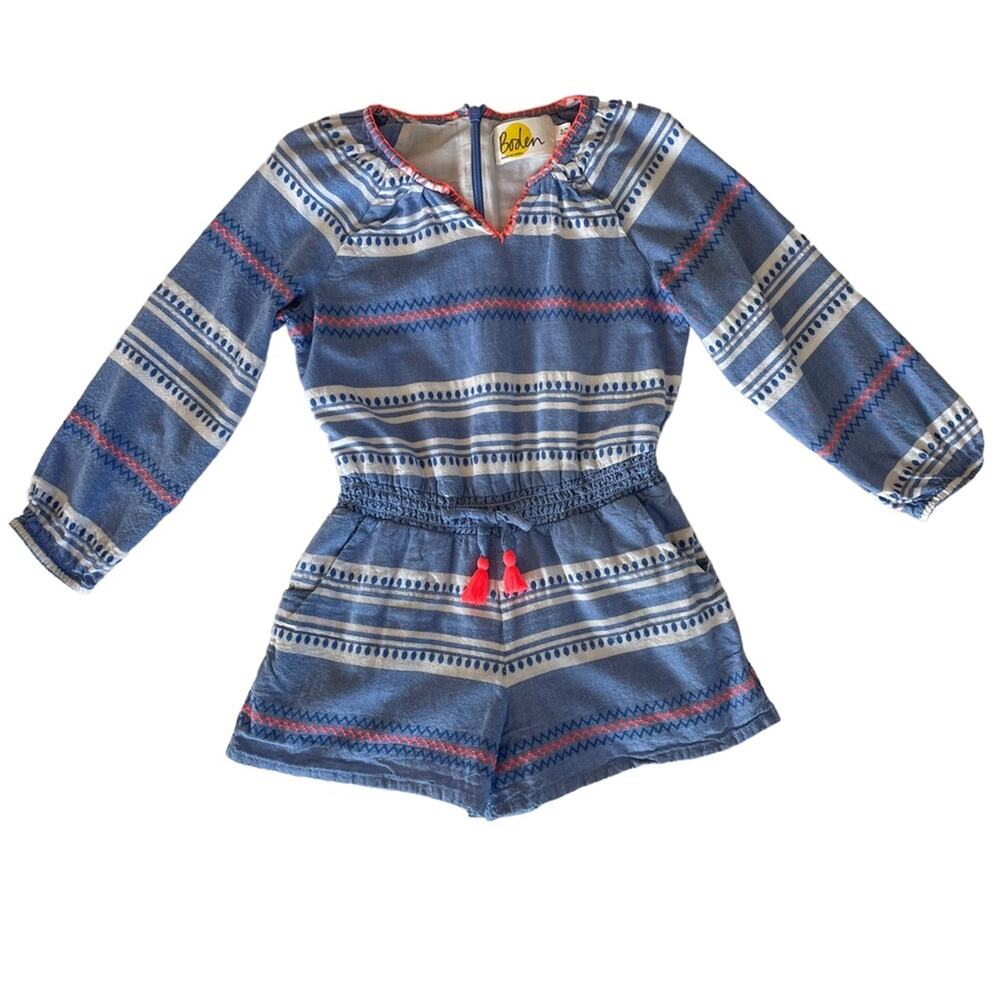Boden Girls Youth Chambray Long Sleeve Ric Rac Striped Shorts Tassel Jumper 6-7
